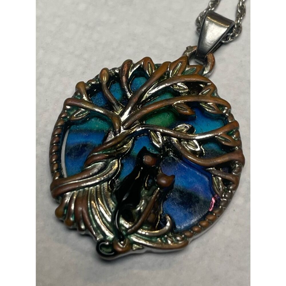 Tree of Life Silver Necklace with Blue-Green Enamel Pendant - Picture 12 of 13